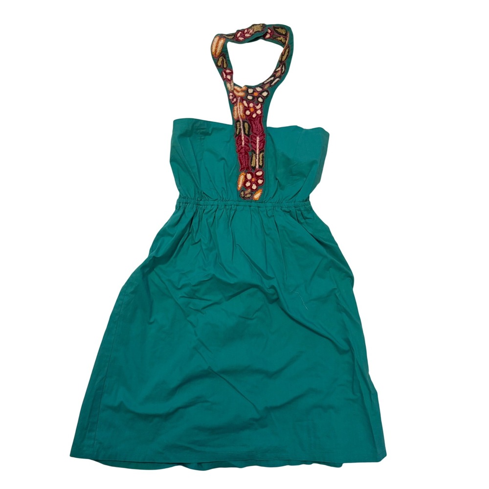 Judith March Teal Green Embroidered Halter Mini Dress Cotton Boho‎ Smocked Back